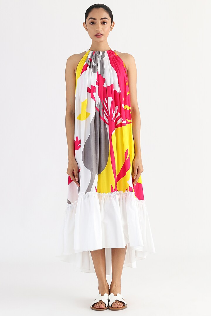 White Poplin Printed Halter Dress by Studio Moda India