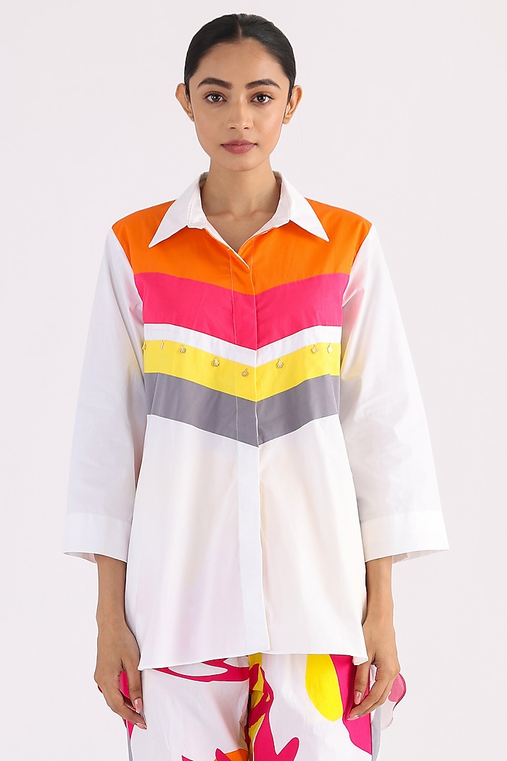 White Cotton Printed A-Line Shirt by Studio Moda India at Pernia's Pop Up Shop