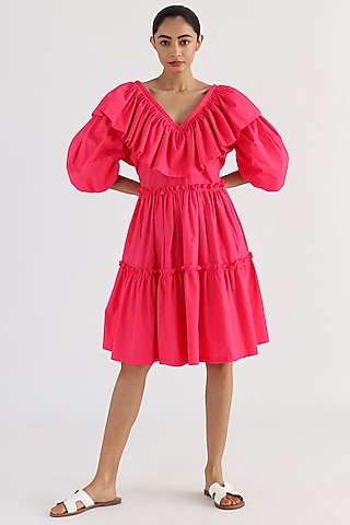 Pink Cotton Frilled Dress by Studio Moda India