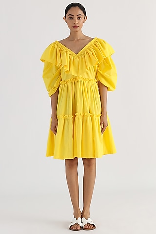Yellow Cotton Frilled Dress by Studio Moda India