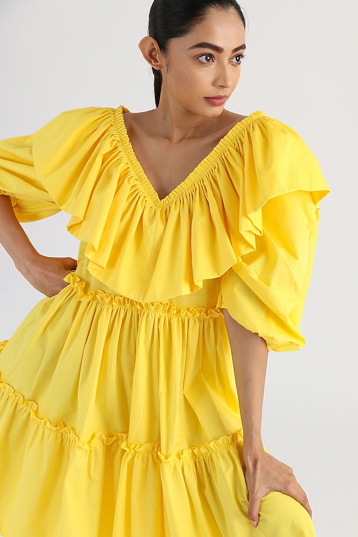 Yellow Cotton Frilled Summer Dress by Studio Moda India at Pernia's Pop Up Shop