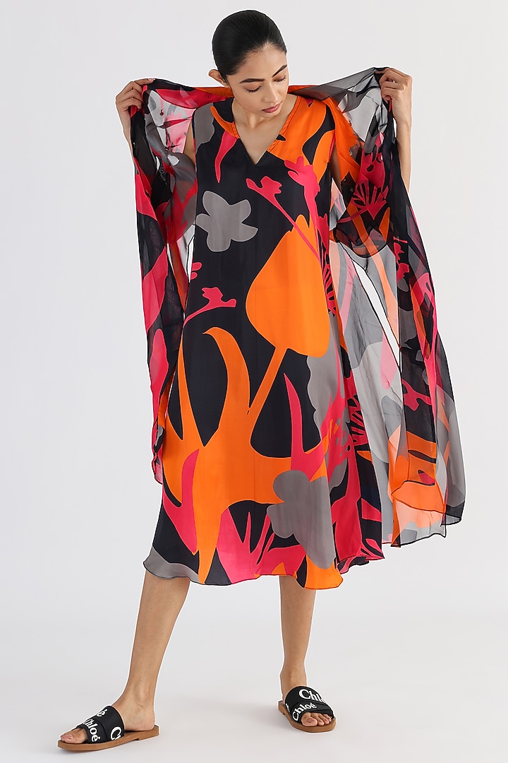 Black Organza Printed Long Jacket by Studio Moda India at Pernia's Pop Up Shop