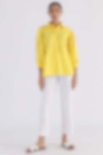Yellow Cotton Embroidered Shirt by Studio Moda India at Pernia's Pop Up Shop