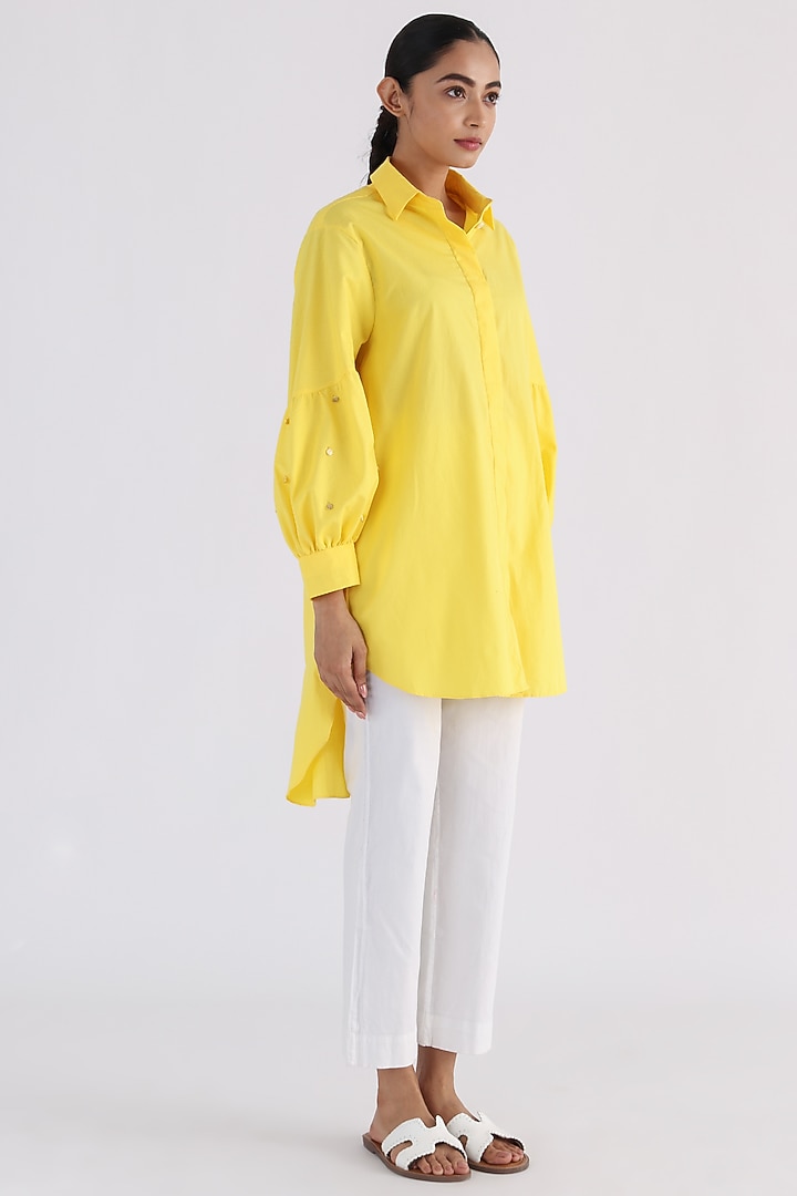 Yellow Cotton Box Pleated Shirt by Studio Moda India at Pernia's Pop Up Shop