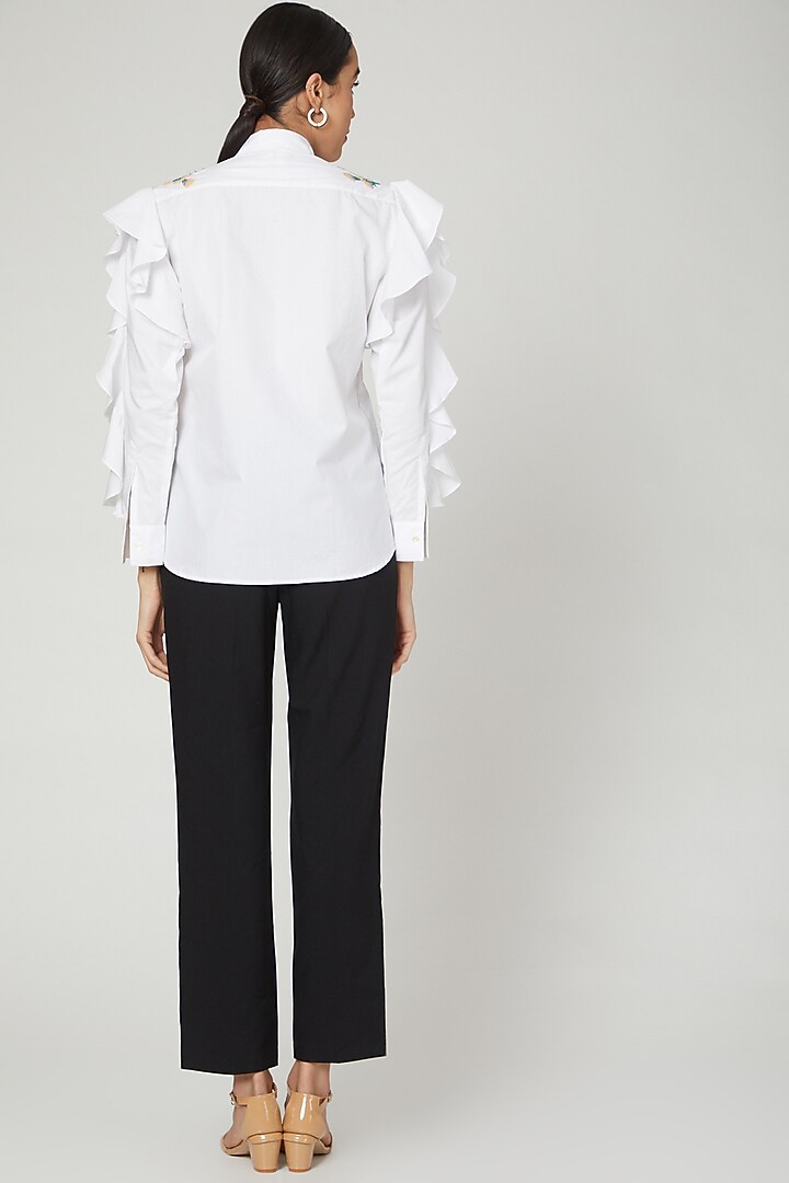 White Ruffled Embroidered Shirt by Studio Moda India at Pernia's Pop Up Shop