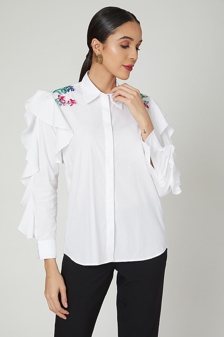White Ruffled Embroidered Shirt by Studio Moda India at Pernia's Pop Up Shop