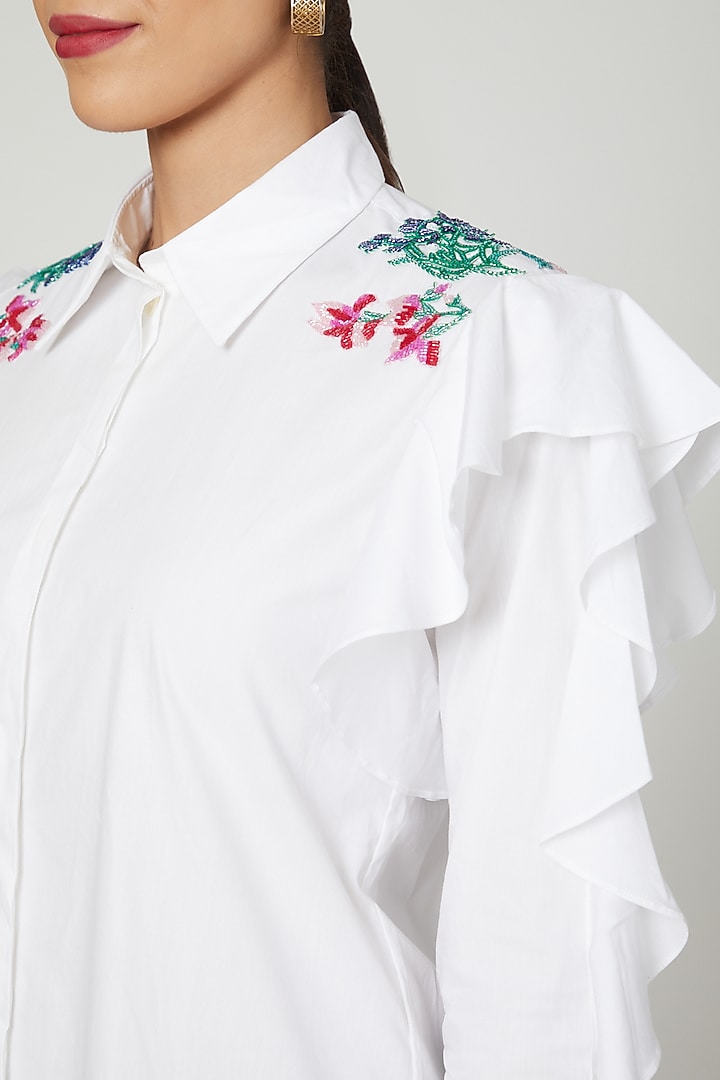 White Ruffled Embroidered Shirt by Studio Moda India at Pernia's Pop Up Shop