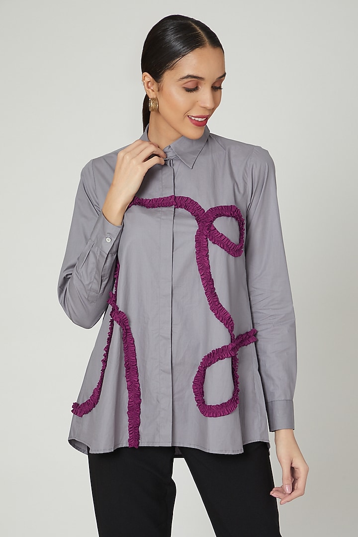 Grey & Red Frilled Shirt by Studio Moda India at Pernia's Pop Up Shop