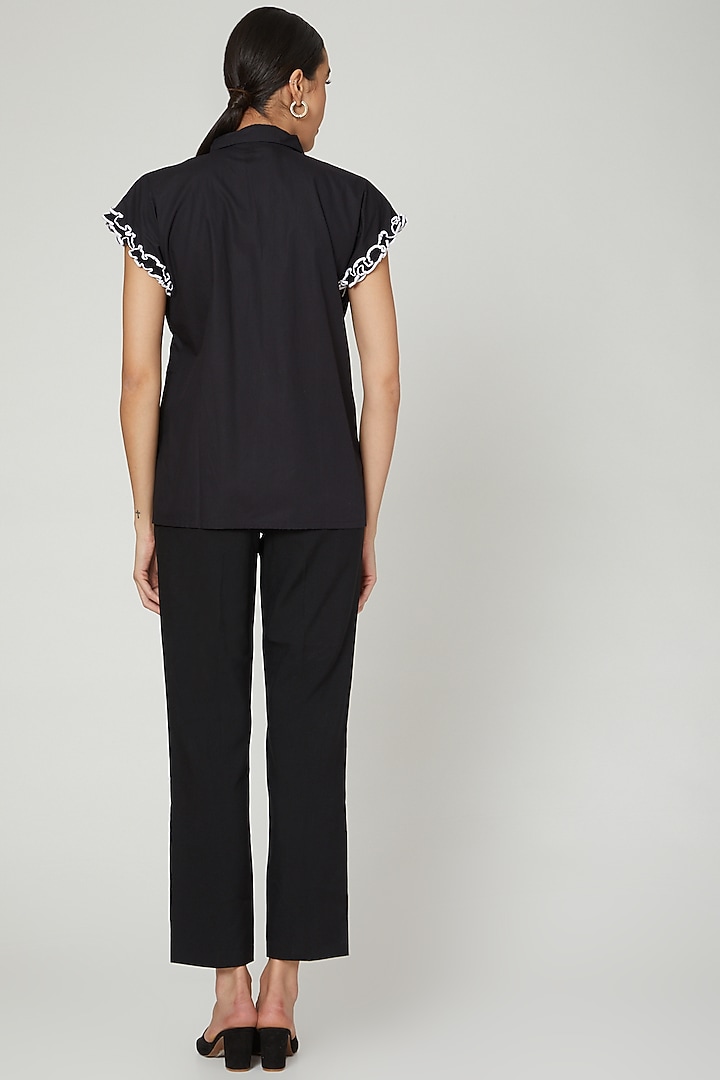 Black Shirt With Ruffled Sleeves by Studio Moda India at Pernia's Pop Up Shop