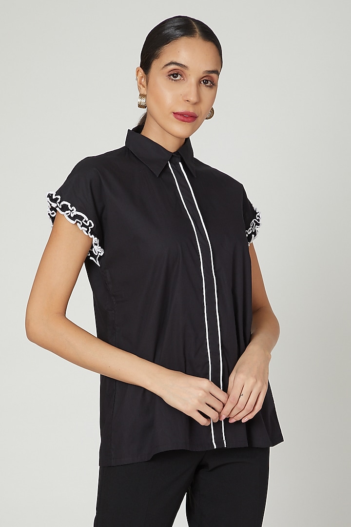 Black Shirt With Ruffled Sleeves by Studio Moda India at Pernia's Pop Up Shop