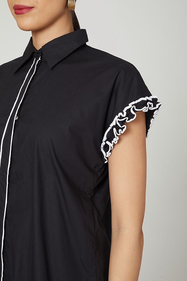 Black Shirt With Ruffled Sleeves by Studio Moda India at Pernia's Pop Up Shop