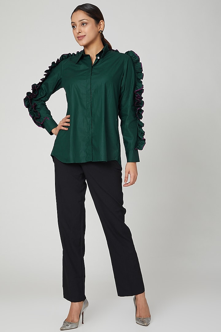 Bottle Green Ruffled Shirt by Studio Moda India at Pernia's Pop Up Shop