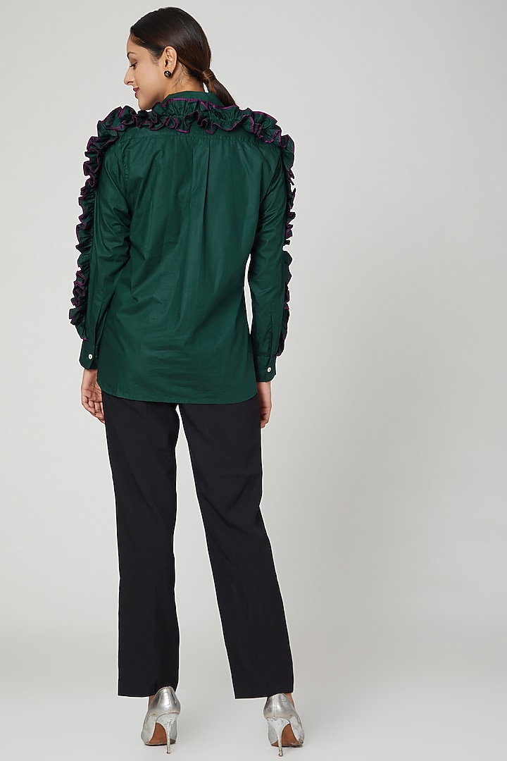 Bottle Green Ruffled Shirt by Studio Moda India at Pernia's Pop Up Shop