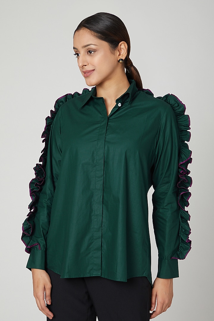 Bottle Green Ruffled Shirt by Studio Moda India at Pernia's Pop Up Shop