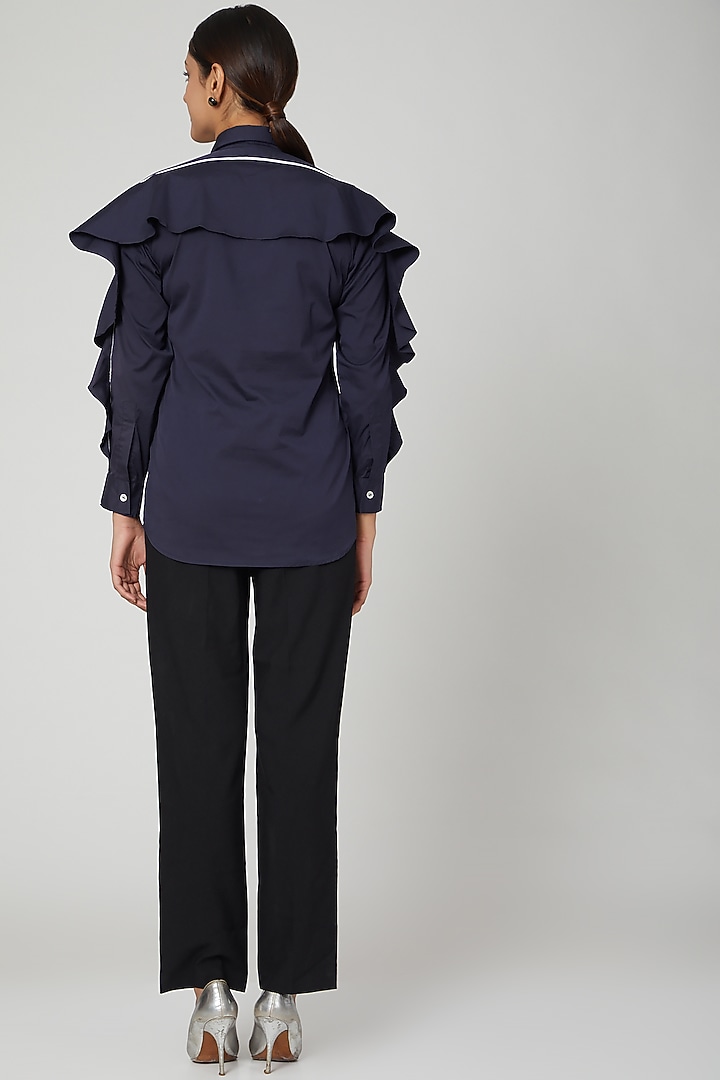 Navy Blue Ruffled Shirt by Studio Moda India at Pernia's Pop Up Shop