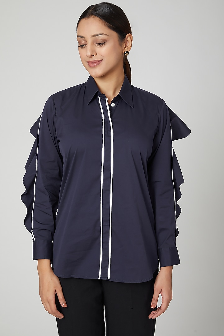 Navy Blue Ruffled Shirt by Studio Moda India at Pernia's Pop Up Shop