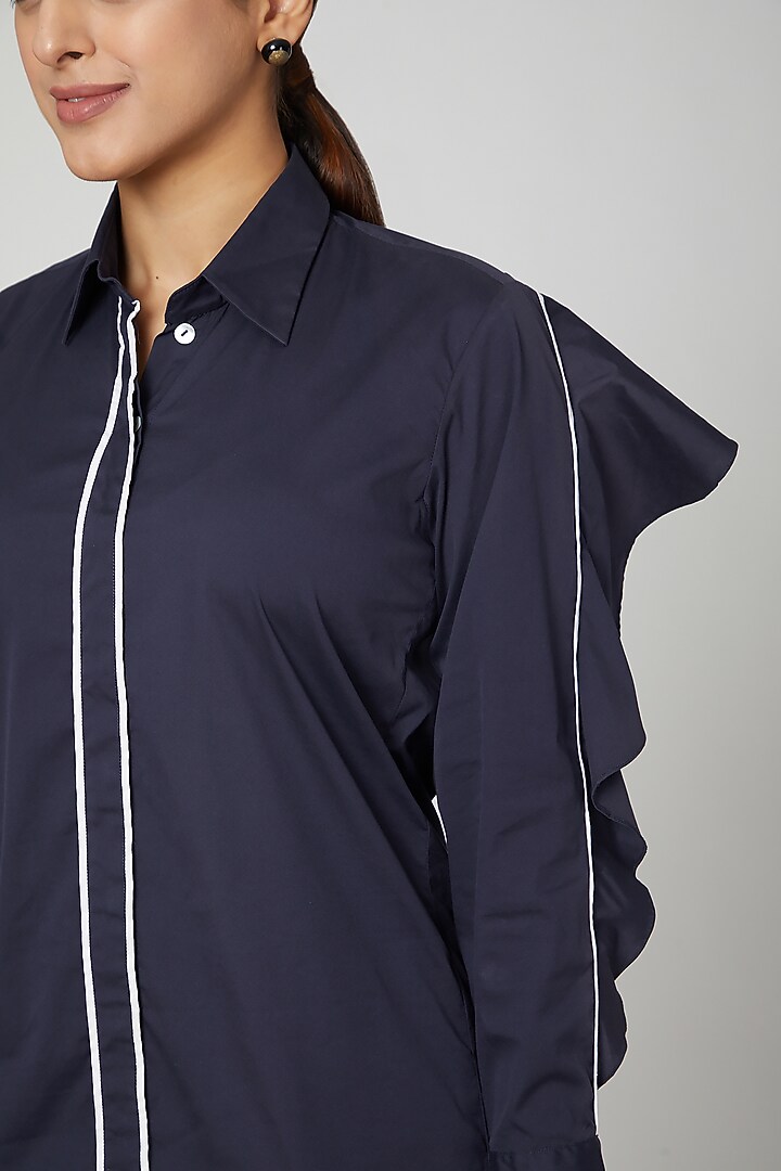 Navy Blue Ruffled Shirt by Studio Moda India at Pernia's Pop Up Shop