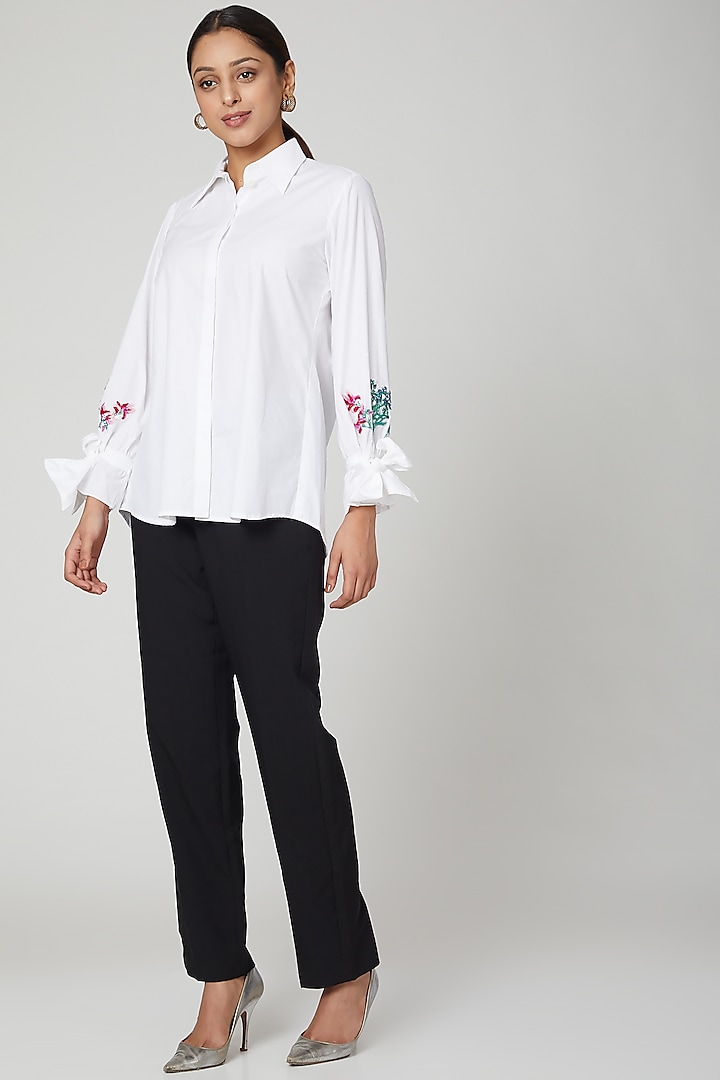 White Floral Beads Shirt by Studio Moda India