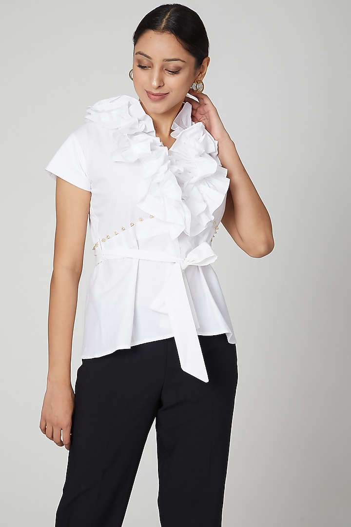 White Ruffled Peplum Shirt by Studio Moda India at Pernia's Pop Up Shop