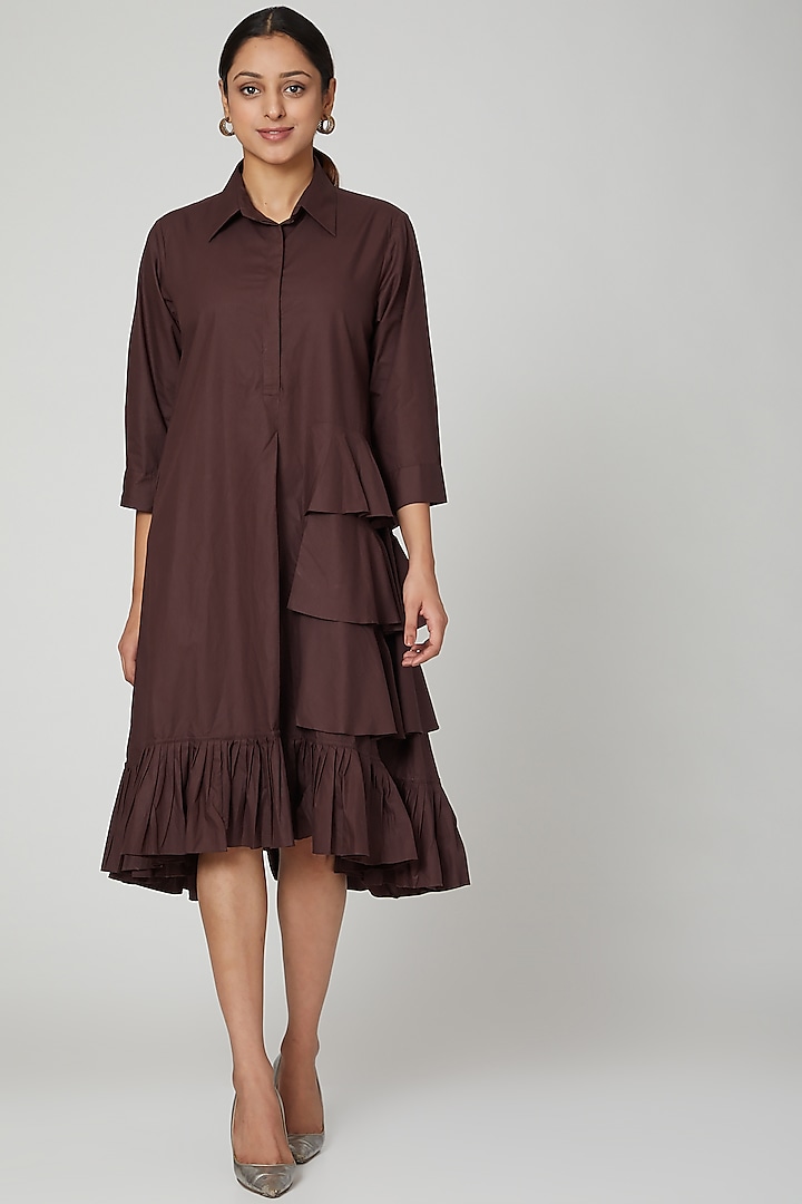 Brown Ruffled Asymmetric Dress by Studio Moda India