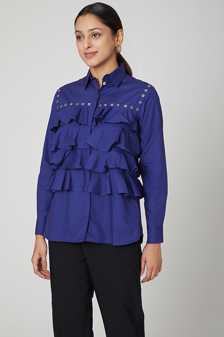 Royal Blue Ruffled Shirt by Studio Moda India at Pernia's Pop Up Shop