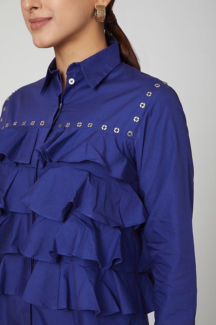 Royal Blue Ruffled Shirt by Studio Moda India at Pernia's Pop Up Shop
