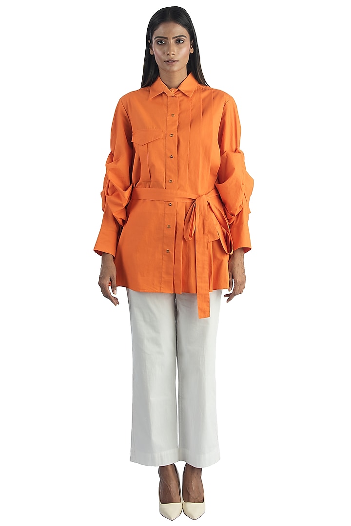 Orange Pleated Shirt With Belt by Studio Moda India