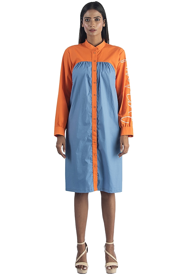 Poster Blue & Orange Embroidered Dress by Studio Moda India at Pernia's Pop Up Shop