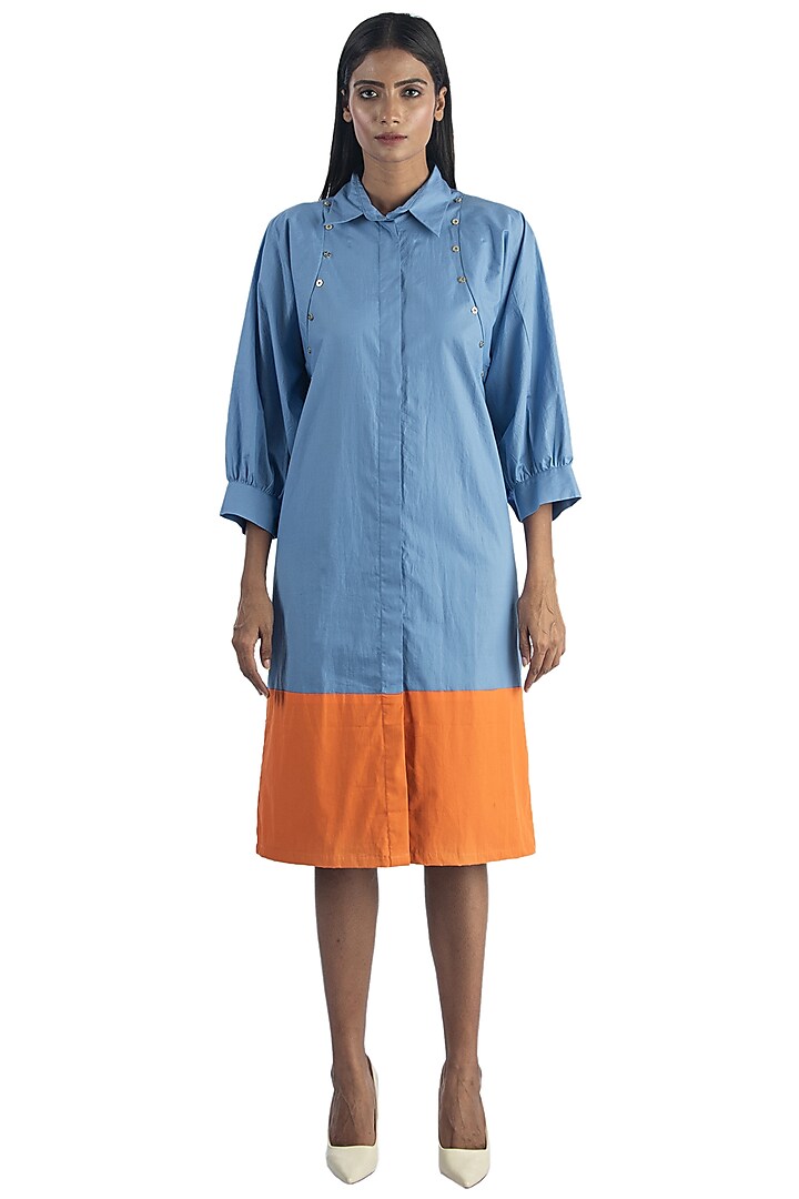 Poster Blue & Orange Pure Cotton Dress by Studio Moda India at Pernia's Pop Up Shop