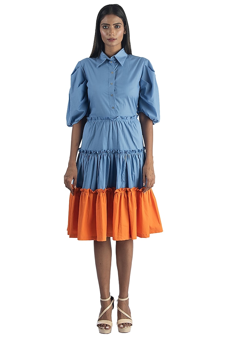 Poster Blue & Orange Pure Cotton Dress by Studio Moda India at Pernia's Pop Up Shop