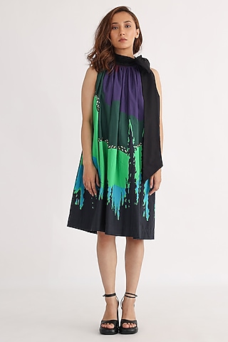 Black Cotton Printed Halter Dress by Studio Moda India