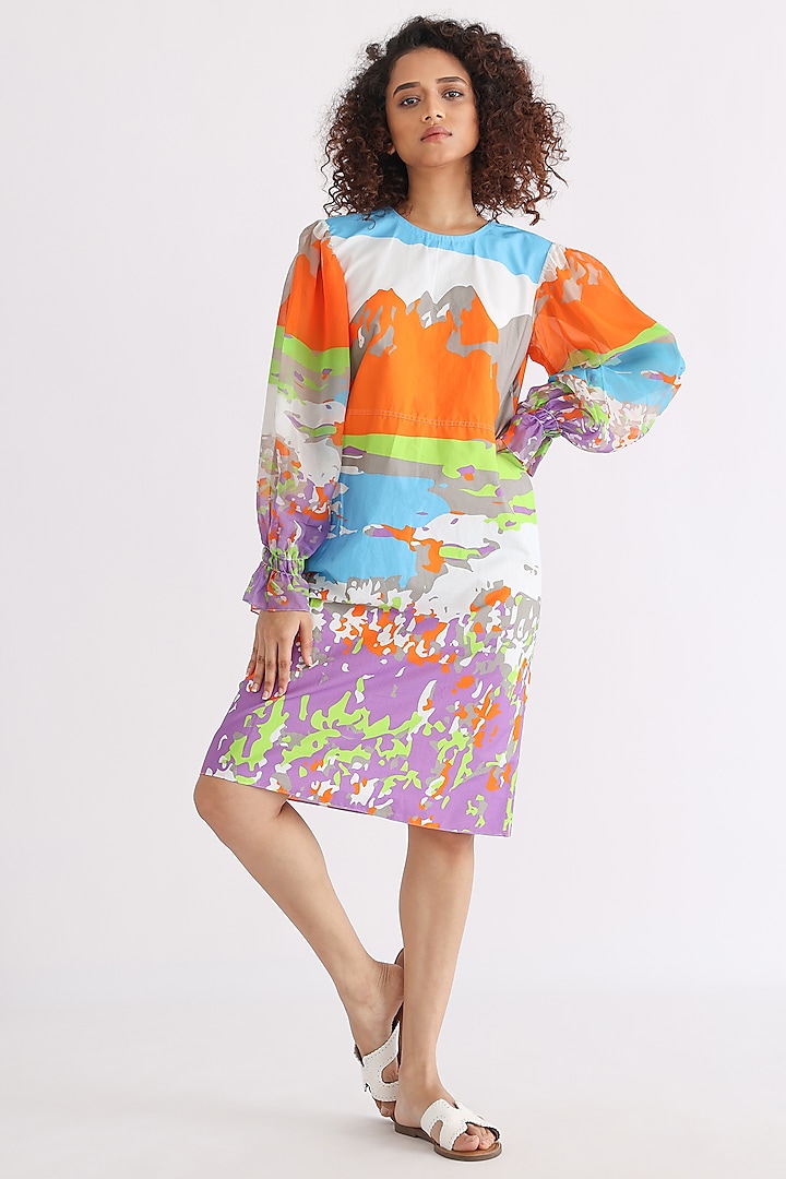 Multi-Colored Poplin Printed Dress by Studio Moda India