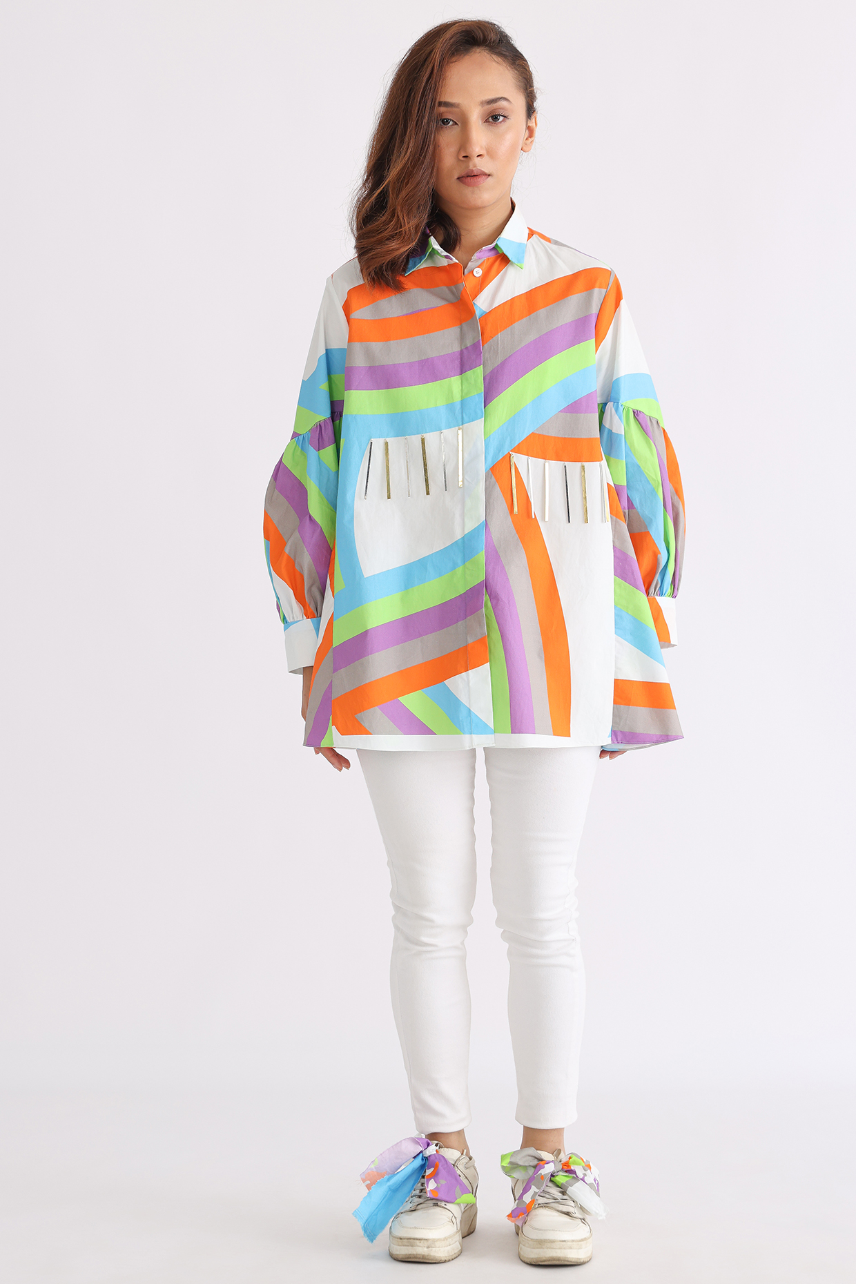 Multi-Colored Poplin Printed Flared Shirt by Studio Moda India at Pernia's Pop Up Shop