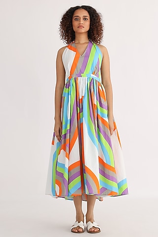 Multi-Colored Cotton Printed Halter Dress by Studio Moda India