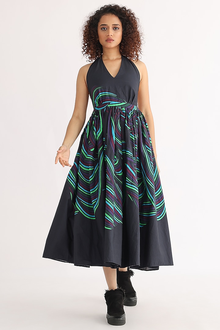 Black Cotton Printed Halter Dress by Studio Moda India