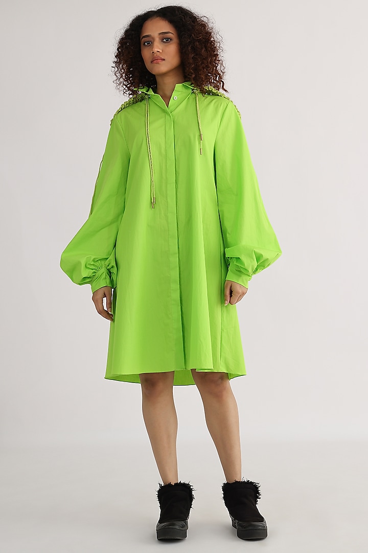 Lime Green Cotton A-Line Dress by Studio Moda India
