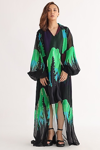 Black Organza Printed Jacket Dress by Studio Moda India
