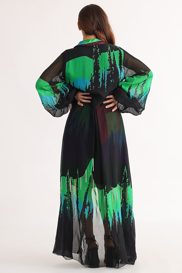 Black Organza Printed Jacket Vacation Dress by Studio Moda India at Pernia's Pop Up Shop