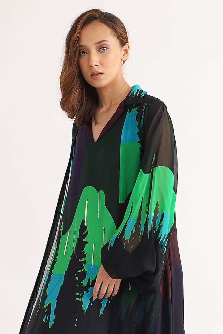 Black Organza Printed Jacket Vacation Dress by Studio Moda India at Pernia's Pop Up Shop