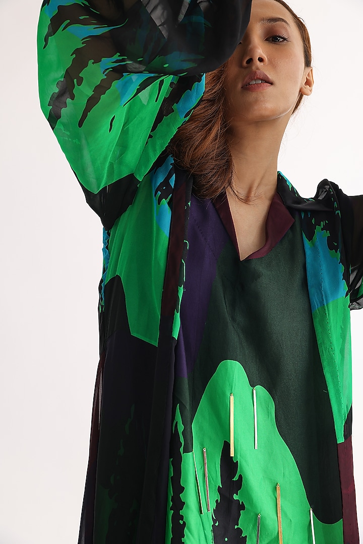 Black Organza Printed Jacket Vacation Dress by Studio Moda India at Pernia's Pop Up Shop