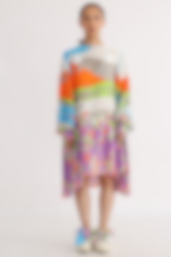 Multi-Colored Bemberg Printed A-Line Dress by Studio Moda India