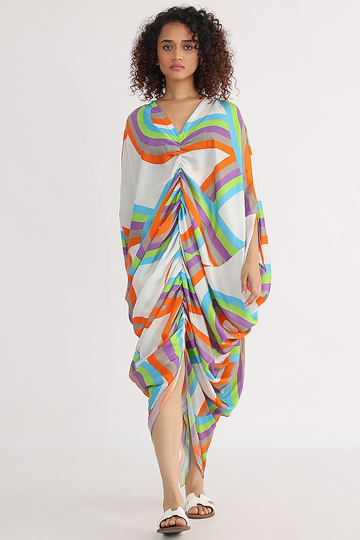 Multi-Colored Bemberg Printed Gathered Dress by Studio Moda India at Pernia's Pop Up Shop