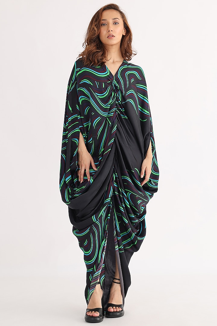 Black Bemberg Printed Gathered Dress by Studio Moda India at Pernia's Pop Up Shop