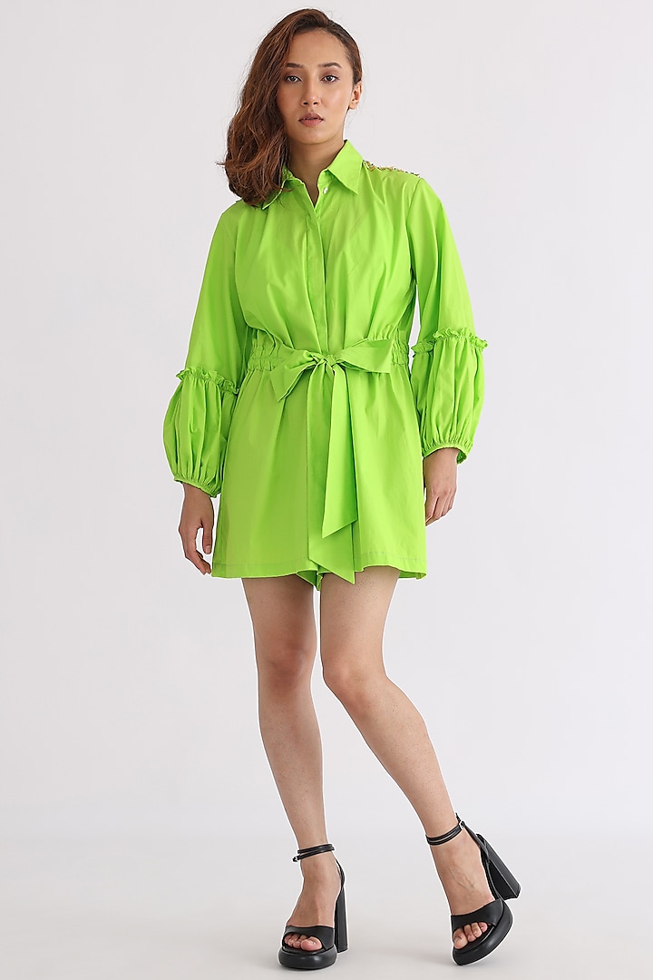 Lime Green Cotton Playsuit by Studio Moda India at Pernia's Pop Up Shop