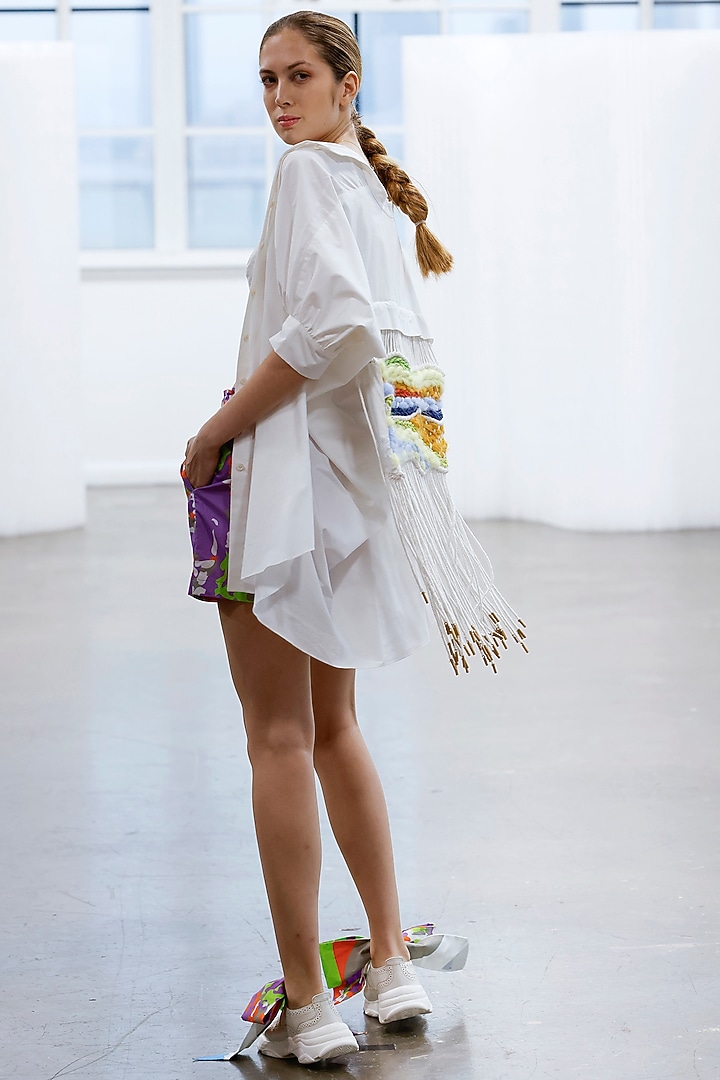White Cotton & Macrame Shirt by Studio Moda India at Pernia's Pop Up Shop
