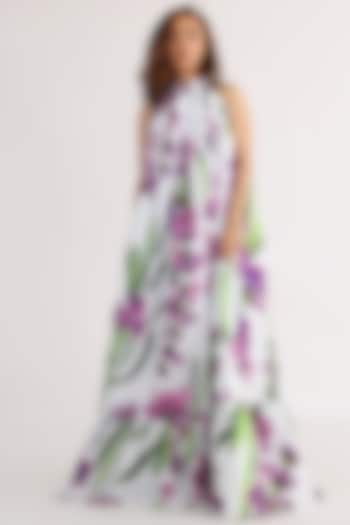 White & Lavender Cotton Printed Dress by Studio Moda India