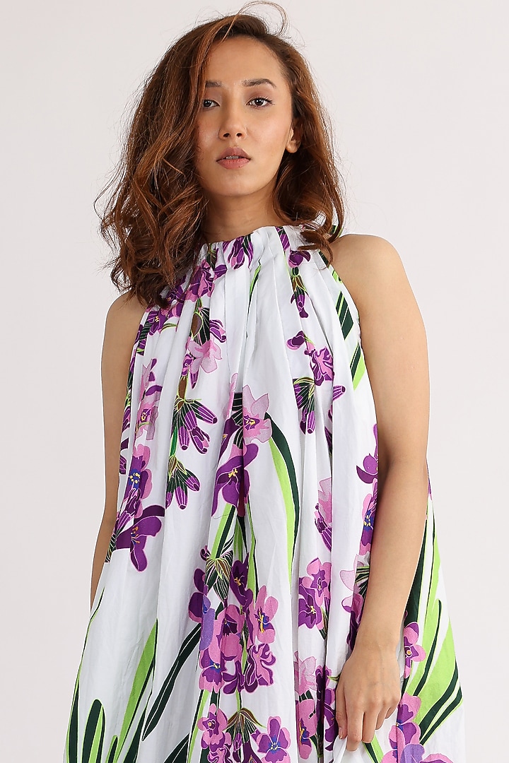 White & Lavender Cotton Printed Summer Dress by Studio Moda India at Pernia's Pop Up Shop