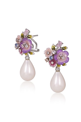 White Rhodium Finish Pearl Drop Violet Enameled Dangler Earrings In Sterling Silver by MISS JO