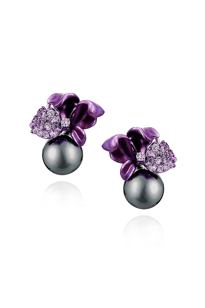 White Rhodium Finish Pastel Purple Pearl Stud Earrings In Sterling Silver by MISS JO at Pernia's Pop Up Shop