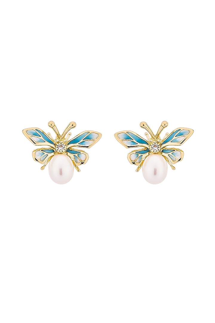 Gold Finish Blue Enameled Butterfly Stud Earrings In Sterling Silver by MISS JO at Pernia's Pop Up Shop
